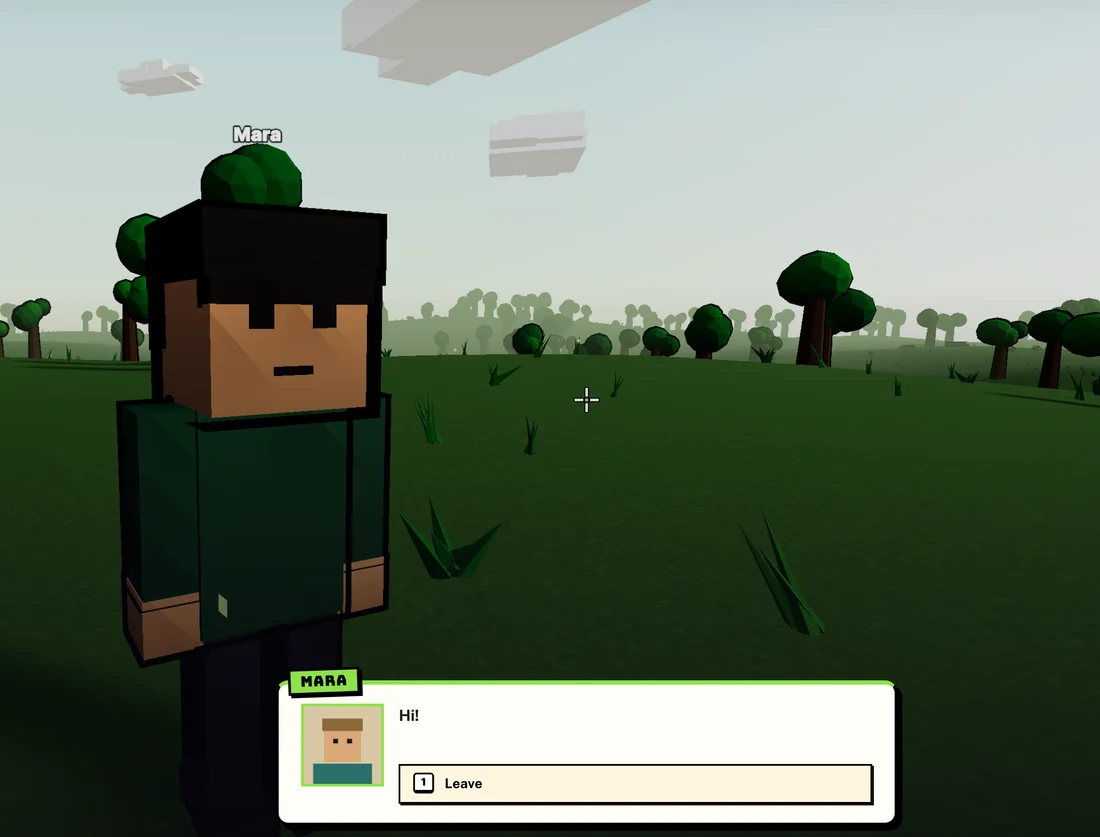 In-game screenshot of the five-line script: Mara stands in the forest world and says Hi! in the dialogue panel